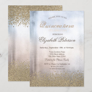 Convite Quinceañera Metálica Moderno Diamantes Ouro Falso