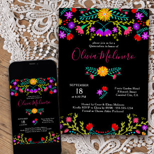 Convite Quinceanera Mexicana Fiesta Colorida Preto Floral