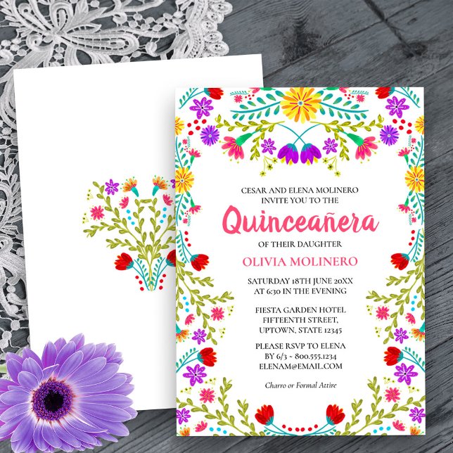 Convite Quinceanera Mexicana Fiesta Floral 15 Birthday (Quinceanera Invitation from my Mexican Fiesta Flowers Quinceanera Collection -printed or digital)