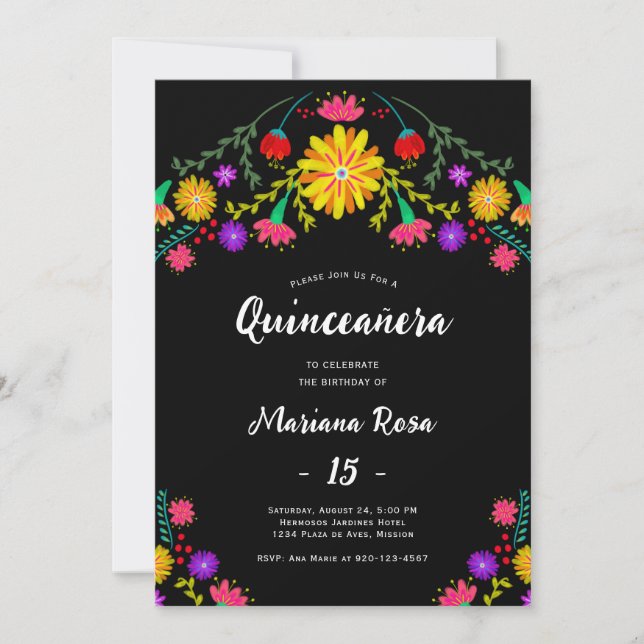 Convite Quinceanera Mexicana Fiesta Floral Birthday (Frente)