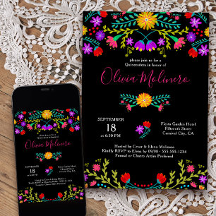 Convite Quinceanera Mexicana Fiesta - Preto Floral Colorid