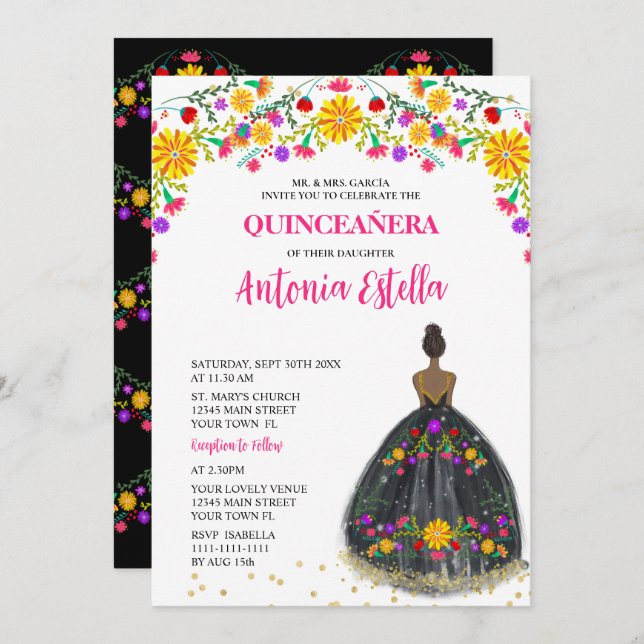 Convite Quinceanera Mexicana Fiesta Princesa Vestida (Frente/Verso)
