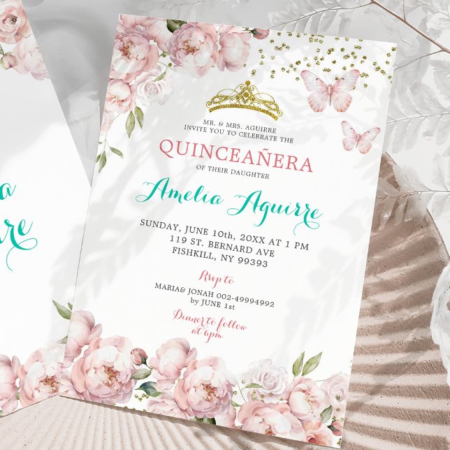 Convite Quinceañera Mexicana Floral Rosa Elegante (Criador carregado)