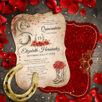 Quinceanera Mexicana Ranchera Vermelha e Dourada