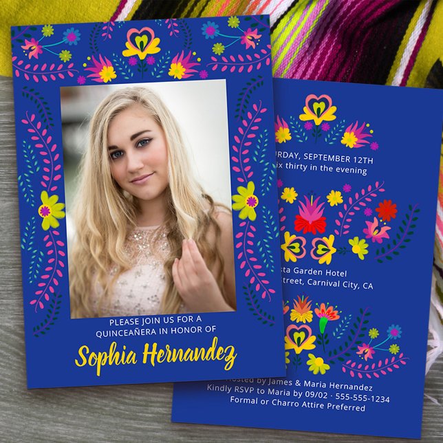 Convite Quinceanera Mexico Fiesta Party Royal Blue Photo (Quinceanera Invitation with photo from my Mexican Fiesta Party collection)