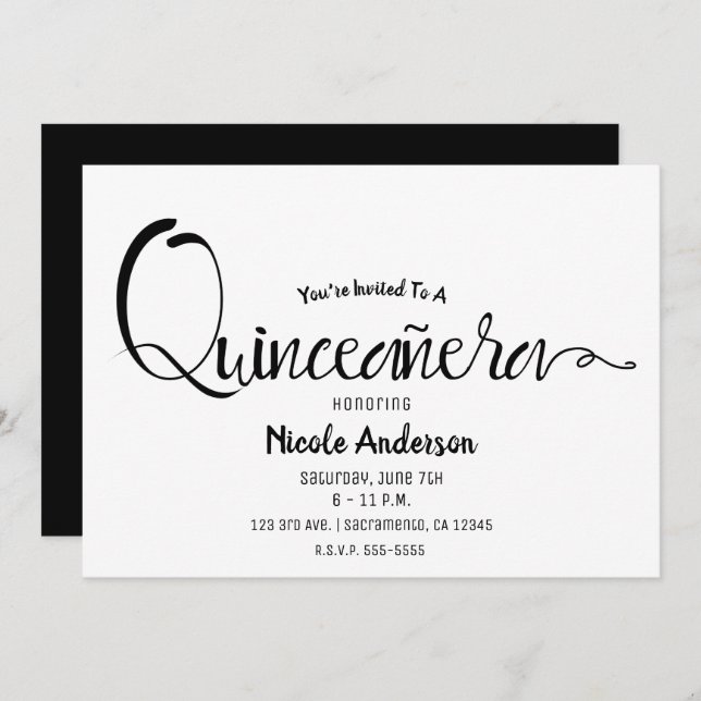 Convite Quinceañera Mínima Moderna de Script Negro Quince  (Frente/Verso)