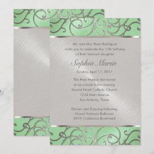 Convite Quinceanera Mint Green e Silver Filigree Swirls