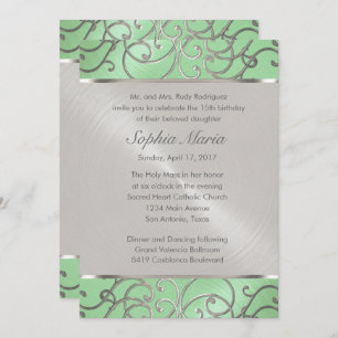 Convite Quinceanera Mint Green e Silver Filigree Swirls