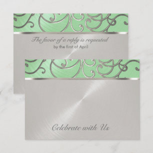 Convite Quinceanera Mint Green e Silver Filigree Swirls