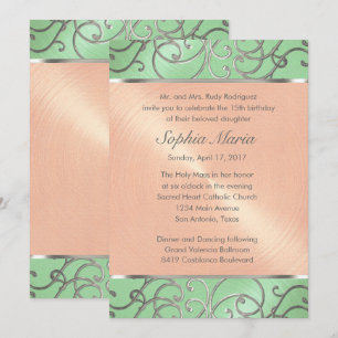 Convite Quinceanera Mint Green Peach Silver Swirl