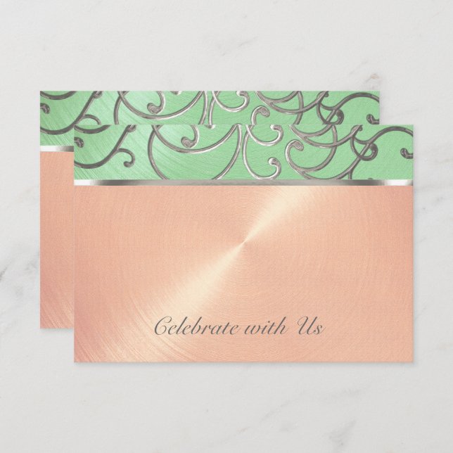 Convite Quinceanera Mint Green Peach Silver Swirl (Frente/Verso)