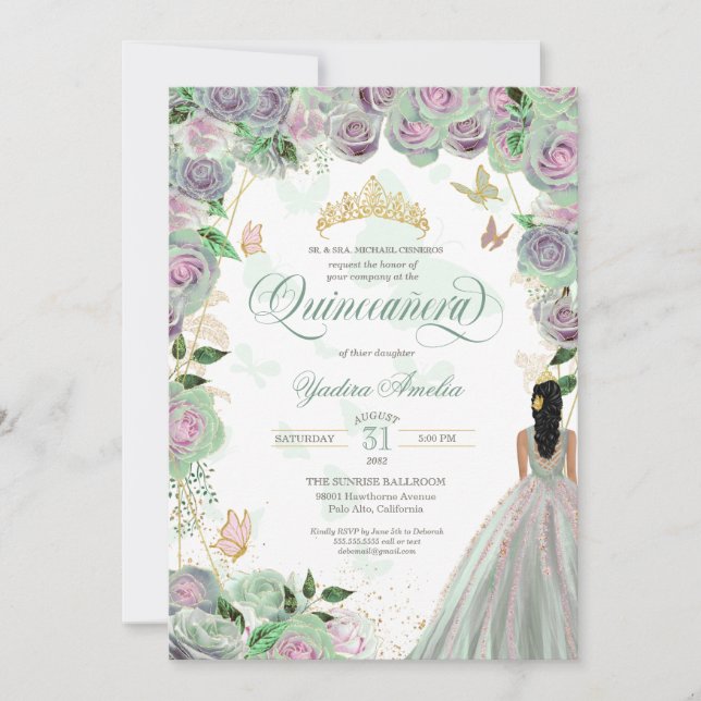 Convite Quinceanera Mint Green Rosas Elegante Borboleta (Frente)