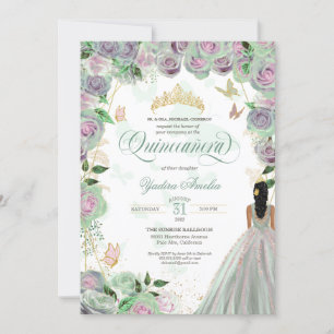 Convite Quinceanera Mint Green Rosas Elegantes Borboleta I