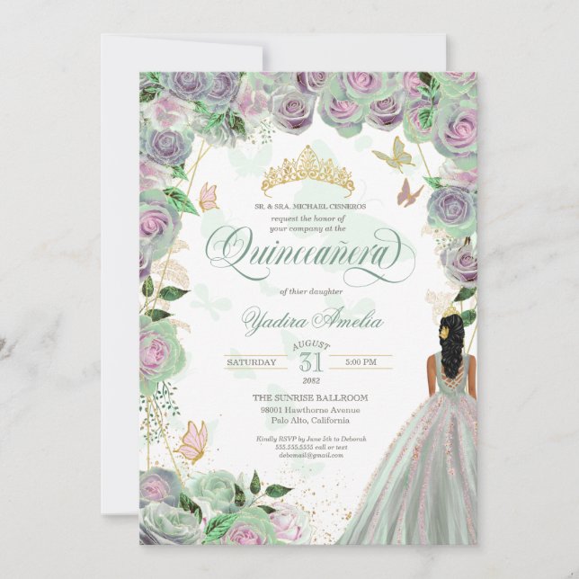 Convite Quinceanera Mint Green Rosas Elegantes Borboleta I (Frente)