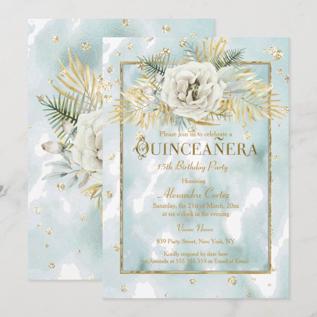 Convite Quinceanera Mint Teal Dourada marble Rosa Floral (Frente/Verso)