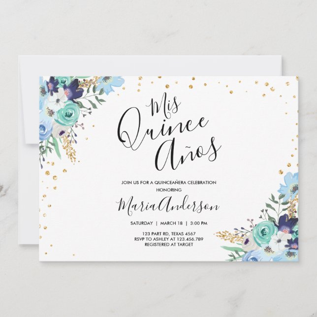 Convite Quinceañera Mis Quince Años Blue Floral Birthday (Frente)