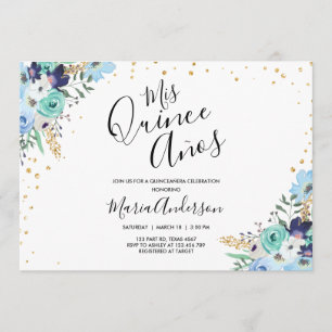 Convite Quinceañera Mis Quince Años Blue Floral Birthday