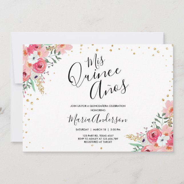 Convite Quinceañera Mis Quince Años Pink Noite Floral (Frente)