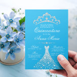 Convite Quinceañera Mis Quince Blue Turquoise<br><div class="desc">Quinceañera Mis Quince Anos. Diamante brilhante tiara / coroa e vestido / vestido. Turquesa clara e cores brancas azuis claras. Fácil de editar placas de modelo. Perfeito para a festa de aniversário 15.</div>