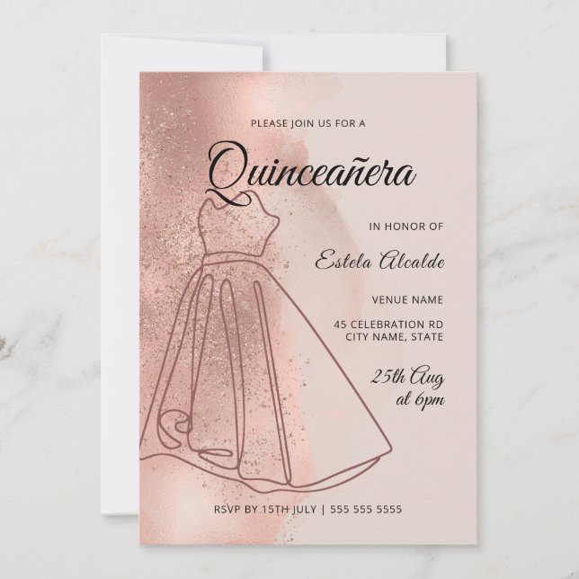 Convite Quinceanera Mis Quince Dusty Rosa Dourado Elegante (Frente)