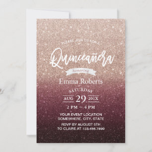 Convite Quinceanera Modern Burgundy e Rosa Dourado Ombre