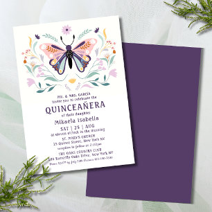 Convite Quinceañera Moderna Borboleta Rosa Púrpura Flora