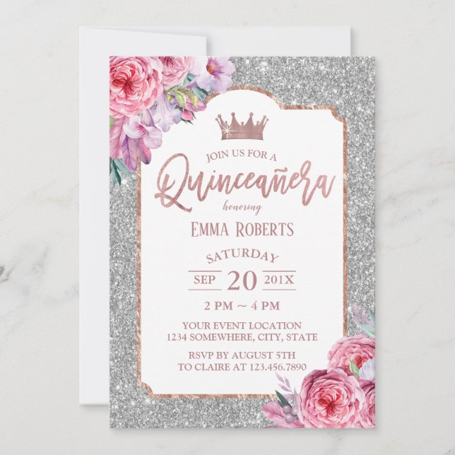 Convite Quinceanera Moderna Prata Floral Glitter Aniversár (Frente)
