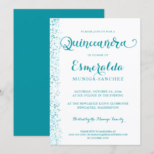 Convite Quinceanera Moderna Turquesa Teal Silver