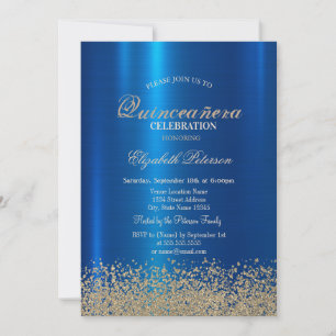 Convite Quinceañera Moderno Ouro Diamantes Azul Metálico