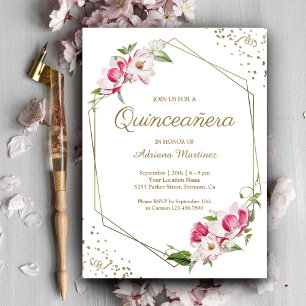 Convite Quinceanera Moldura Dourada Geométrica Floral Rosa
