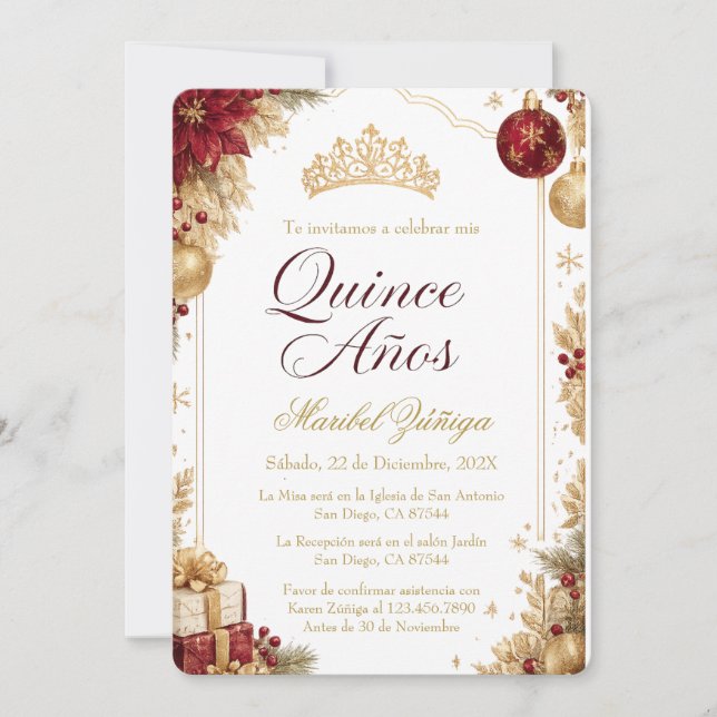 Convite Quinceañera Natal Borgonha & Dourado Feriado (Frente)