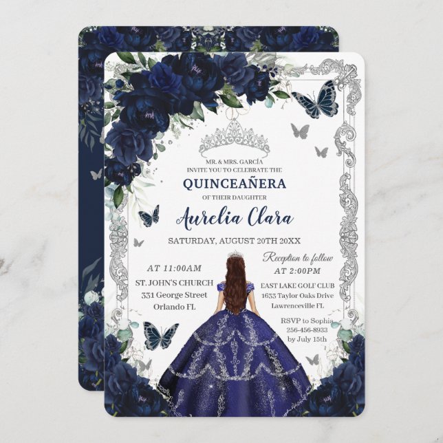 Convite Quinceanera Navy Blue Floral Silver Princess  (Frente/Verso)