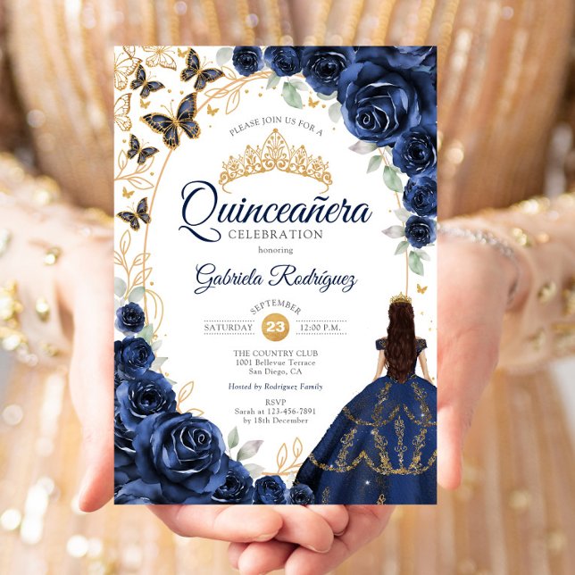 Convite Quinceanera Navy Gold Floral (Criador carregado)