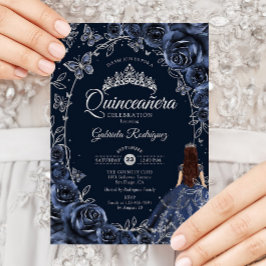 Convite Quinceanera Navy Silver Butterflies Roses
