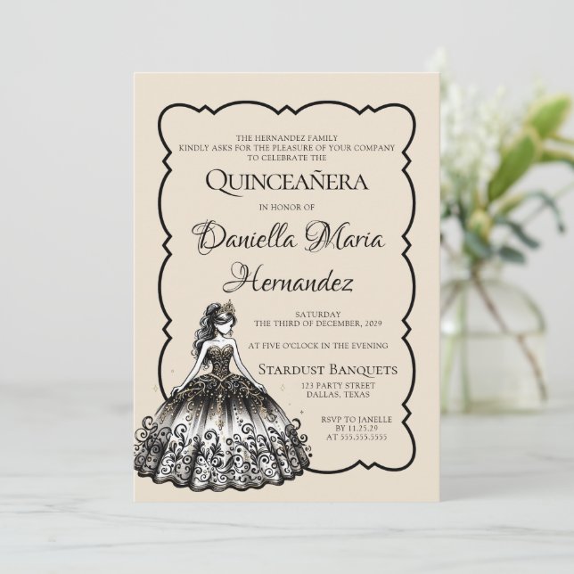 Convite Quinceañera negra e Dourada (Em pé/Frente)