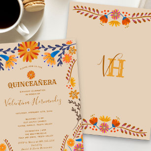 Convite Quinceanera Ocidental Floral Mexicana
