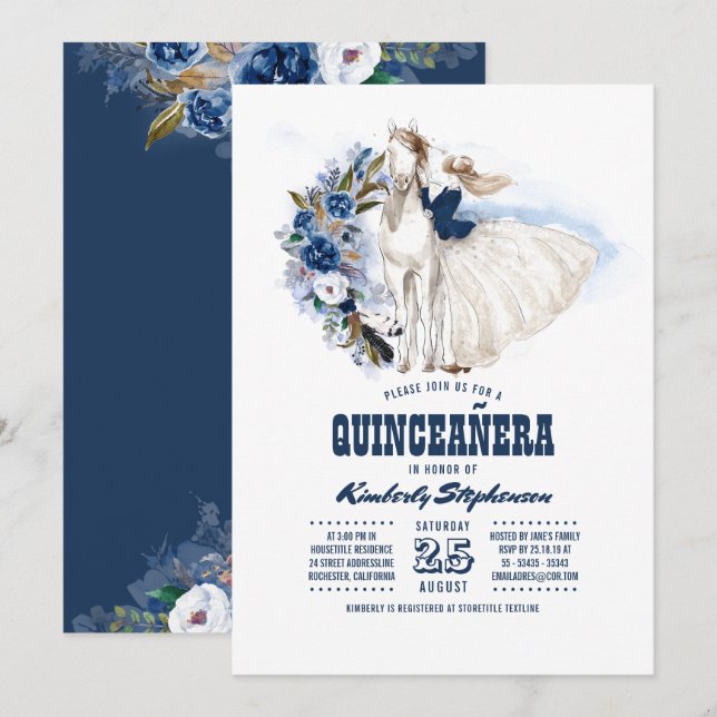 Convite Quinceañera Ocidental marinho Azul - Aniversário 1 (Frente/Verso)