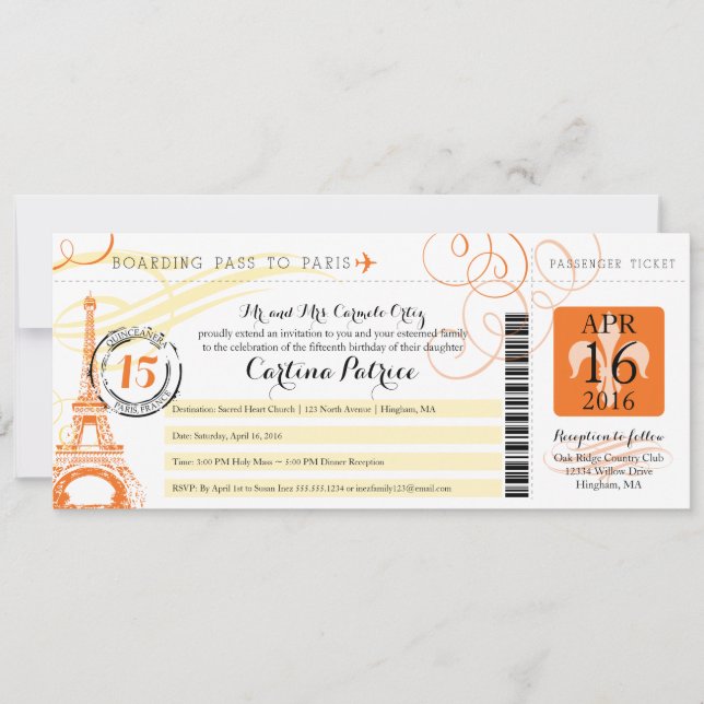 Convite Quinceanera Orange & Yellow Paris Born Pass (Frente)