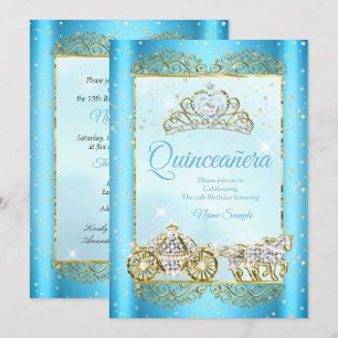 Convite Quinceanera Ouro Azul conto de fadas Cinderela