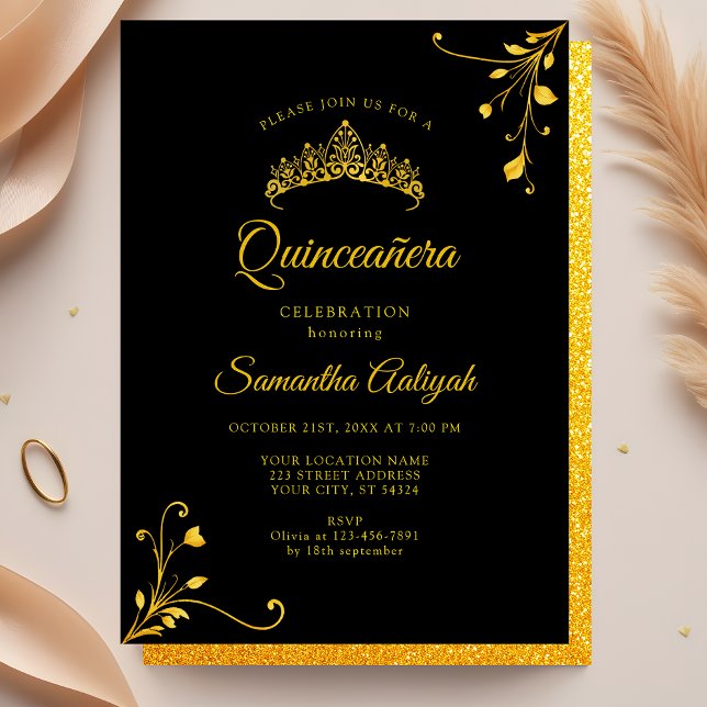 Convite Quinceanera, Ouro Negro moderno minimalista (Criador carregado)