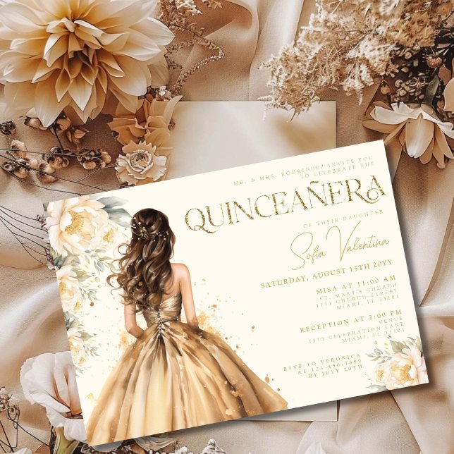 Convite Quinceañera Palhaço de Vestido Dourado Foral (Quinceañera Floral Gold Dress Champagne Gown Invitation)