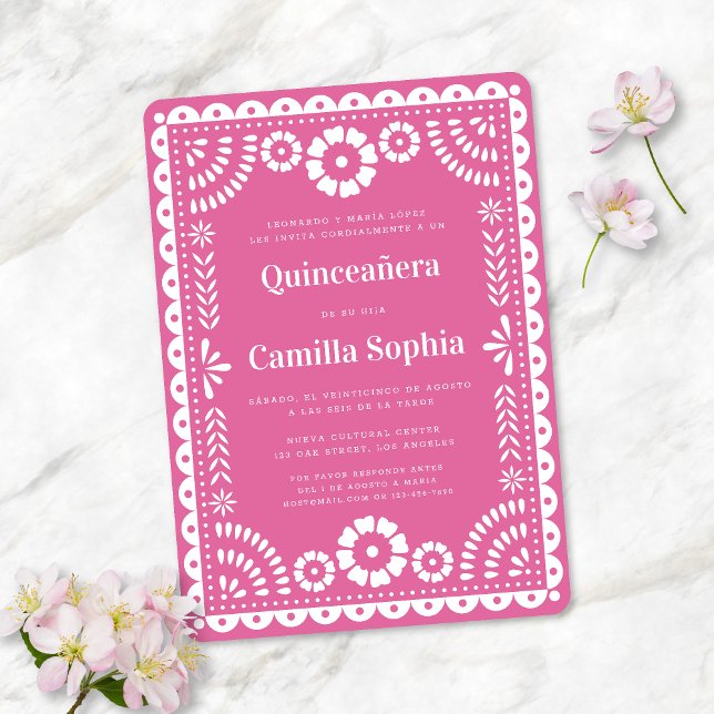 Convite Quinceañera Papel Picado Elegante Brilhante, Rosa (Criador carregado)