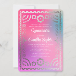 Convite Quinceañera Papel Picado Gradação Prata Rosa Rosa