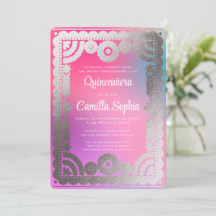 Convite Quinceañera Papel Picado Gradação Prata Rosa Rosa