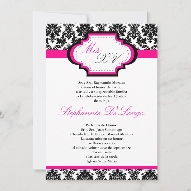 Convite Quinceanera para Damasco Rosa Quente 5x7 (Frente)