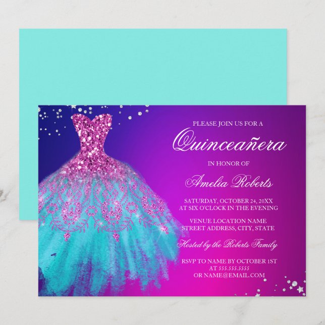 Convite Quinceanera Para O Vestido De Teal Rosa (Frente/Verso)