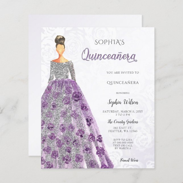 Convite Quinceanera Para O Vestido Roxo Do Orçamen (Frente/Verso)