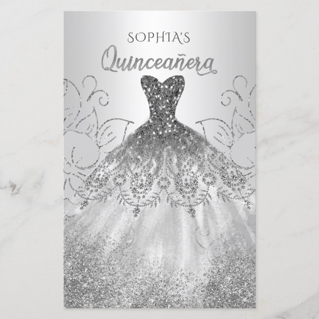 Convite Quinceañera para Vestido de Silver Sparkle (Frente)