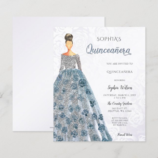 Convite Quinceanera para vestir de faísca azul de  (Frente/Verso)