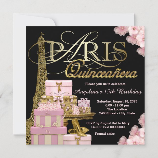 Convite Quinceanera Paris Rosa (Frente)